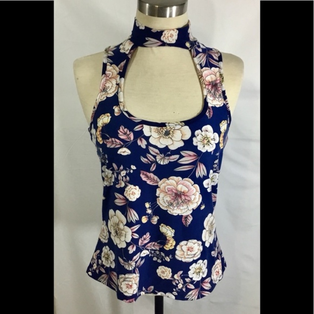 Violet Moon Navy Blue Floral Racer Back Tank Top